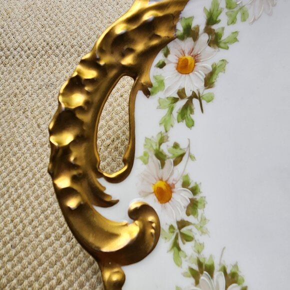T & V Limoges Daisy Chain 2 Handled Venice Cake Plate 11" Heavy Gold Trim France - Picture 5 of 11
